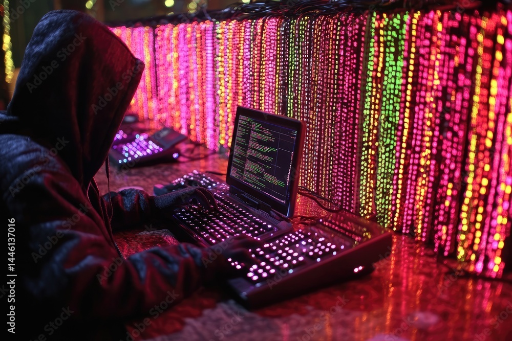 Poster a person hooded using a computer with illuminated light displays