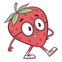 Cartoon Strawberry Character Walking with Glasses, Sneakers, Smiling, Cute Fruit Design