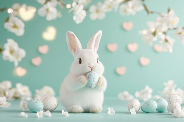 Obraz premium Adorable White Bunny Holding Easter Egg