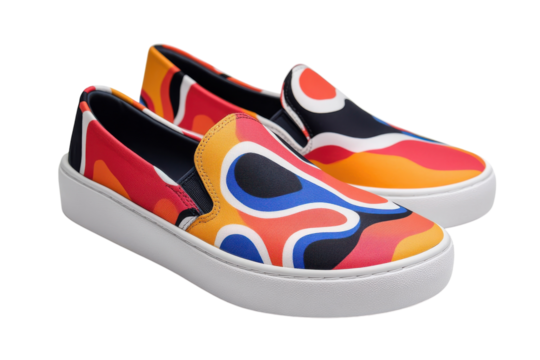 Vibrant abstract slip on shoes red orange blue and white canvas with textured design stylish and