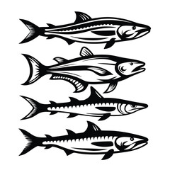 Black and White Fish Silhouettes Stacked on Top of Each Other with White Background