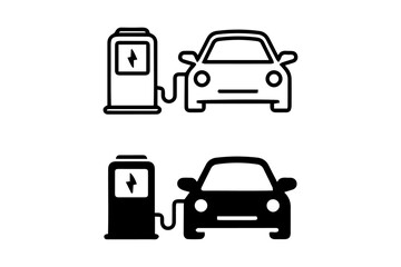 Electric Vehicle Charging Icons – Black and White EV Car and Charger Symbol Set
