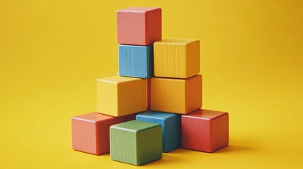 Obraz premium Stack of toy blocks on a yellow background representing toy retail culture