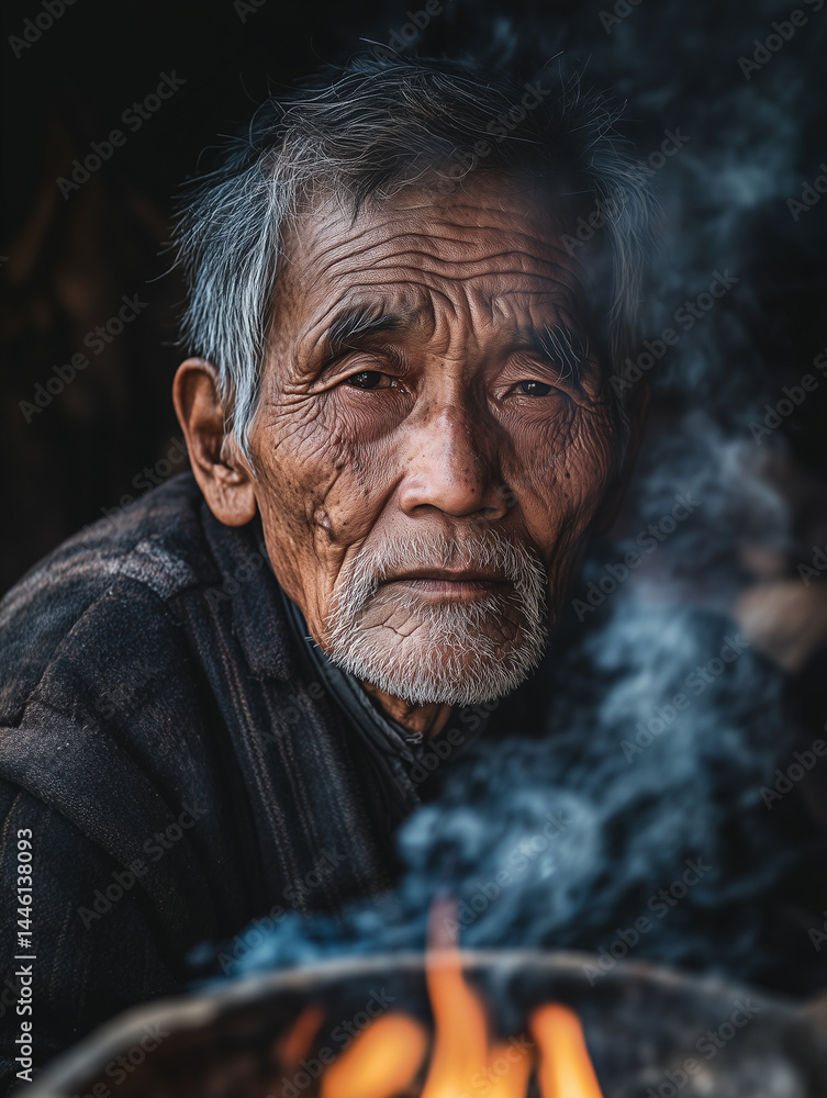 Poster portrait of an old man leaning near a fire, showcasing deep expressions and lifelines amidst smoke i