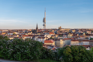Prague, Czech Republic - 07/29/2025: View from Vitkov Hill on JZP Tower, Zizkov