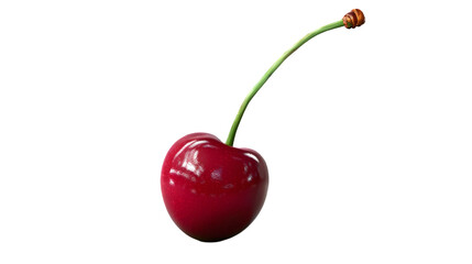 A single cherry with a long stem isolated against a solid  transparent background in a studio shot 