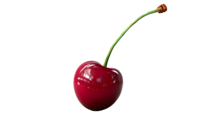 A single cherry with a long stem isolated against a solid  transparent background in a studio shot 