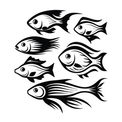 Stylish Fish Silhouette, Decorative Black Line Art, Aquatic Animals, Isolated on White