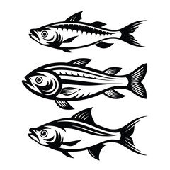 Three Fish Swimming Upward, Stylized Black and White Illustration, Aquatic Fauna