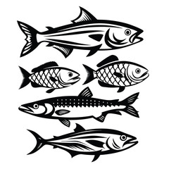 Black and White Fish Silhouettes Collection Aquatic Animals, Sea Life, Ocean, Fishing