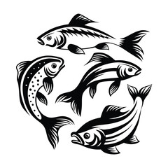 Monochrome Fish Silhouette Collection Aquatic Wildlife in Black and White, Swimming