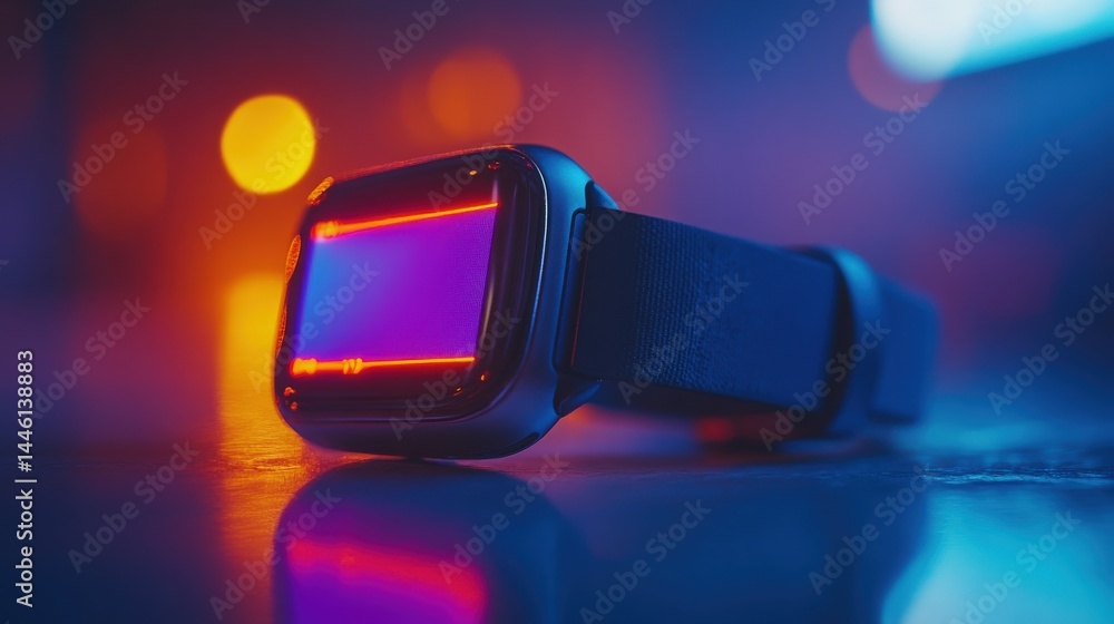 Poster virtual reality headset reflecting vibrant light patterns on surface display