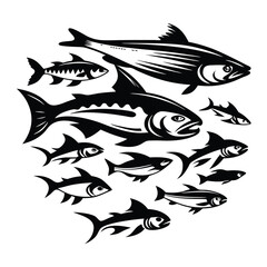 Fototapeta premium Fish Collection Clipart, Black Silhouette Set, Marine Wildlife, Isolated on White
