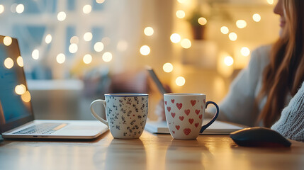 Fototapeta premium Cozy Work From Home: A woman works from home on her laptop, enjoying a relaxing evening with two mugs of warm drinks beside her, surrounded by the warm glow of fairy lights. 