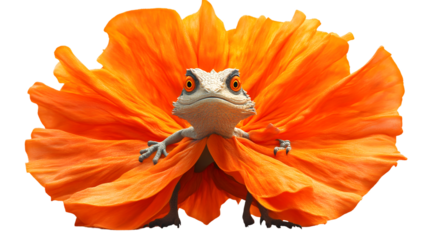 Cute lizard in a vibrant orange flower blossom whimsical digital art illustration