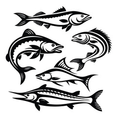 Silhouette Fishes Swordfish, Tuna, and More Marine Wildlife Monochrome