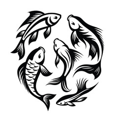 Stylized Black & White Fish Circle Design, Koi Fish Logo, Asian Aquatic Animal Motif