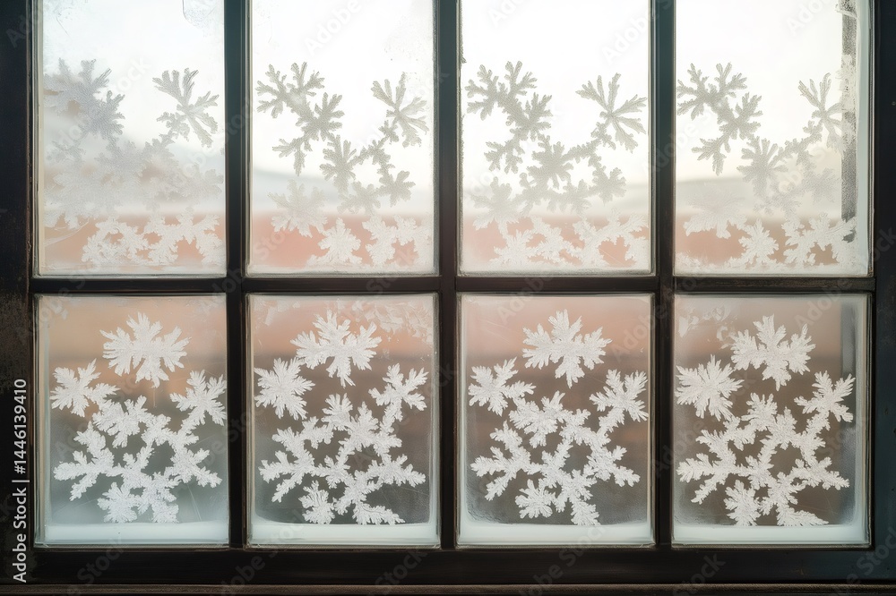 Poster intricate frost patterns resembling snowflakes decorate a windowpane, creating a beautiful winter sc