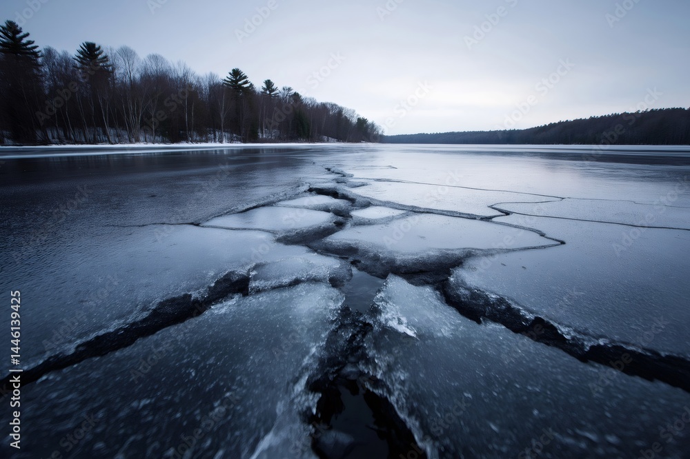 Poster frozen lake surface cracking because of temperature changes, creating a beautiful pattern with the d