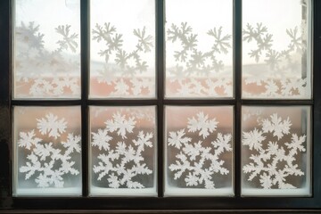 Intricate frost patterns resembling snowflakes decorate a windowpane, creating a beautiful winter scene