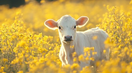 Naklejka premium Young calf peaceful meadow image