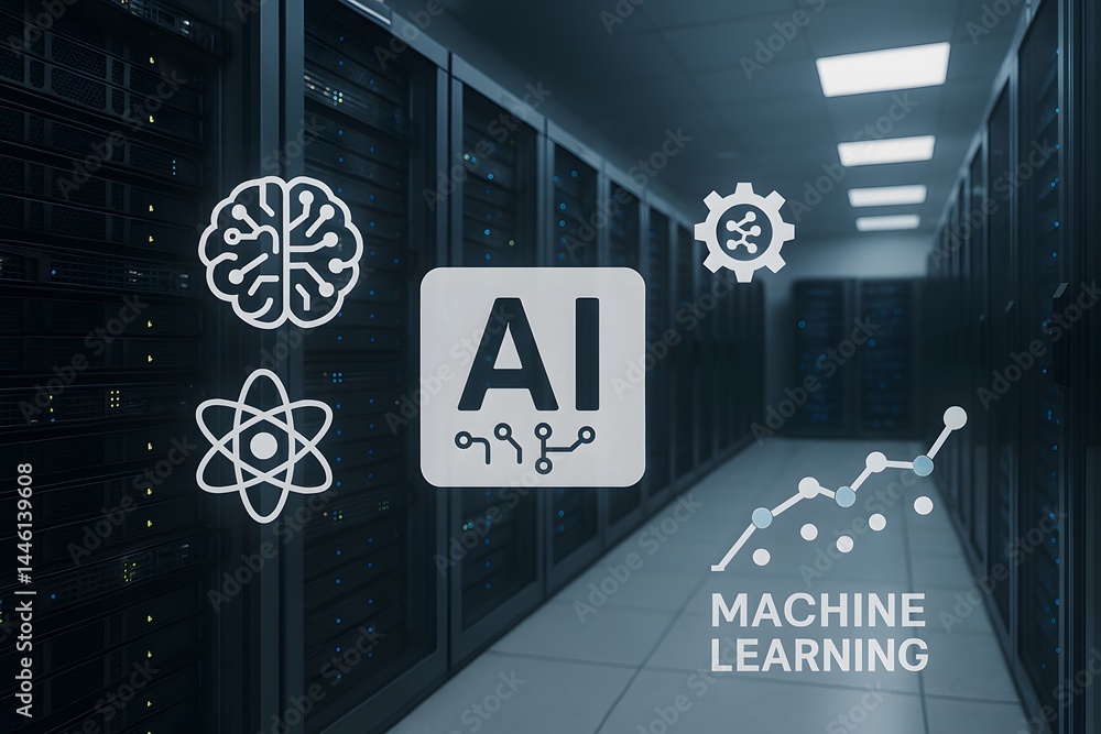Poster a high-tech server room bathed in cool blue light displays floating ai, atom, and machine learning i