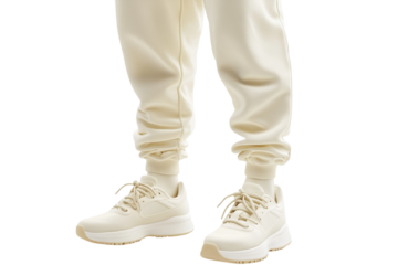 Cream joggers and sneakers comfy style for everyday wear soft focus and neutral tones