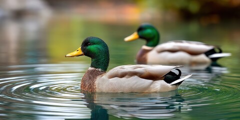 Two mallard ducks swimming calmly on pond water for conservation use