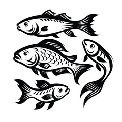 Ornamental Fish Silhouettes, Decorative Aquatic Animals, Black and White Design, Isolated