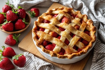 Strawberry pie baking. Fresh fruit dessert on a wooden board, kitchen towel