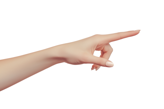 A woman's hand pointing with index finger to the left.