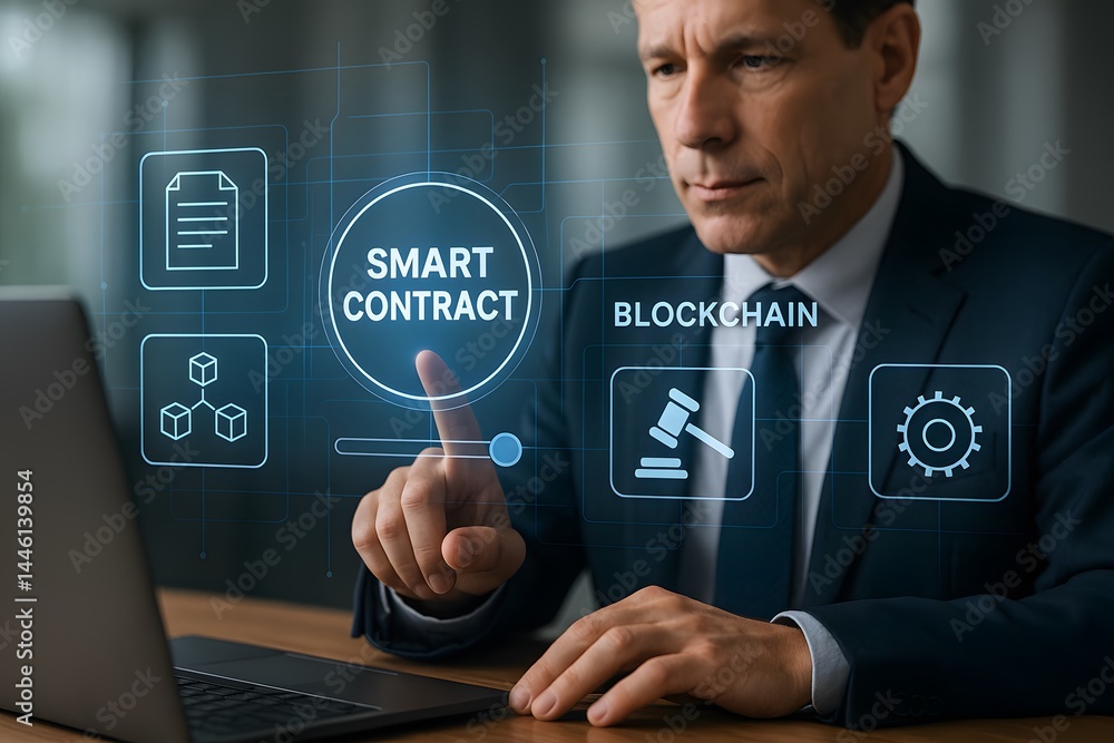 Poster a caucasian male executive activates a glowing “smart contract” icon on a blockchain dashboard. conc