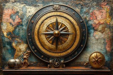 An ornate compass and map display highlighting nautical navigation and exploration