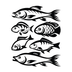 Fish Silhouette Collection, Elegant Black and White Isolated Animal Artwork, Seafood Pattern
