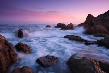 Obraz premium Long exposure capturing waves crashing against rugged rocks at sunset, creating a stunning and tranquil seascape filled with vibrant colors
