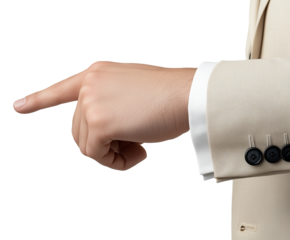 Hand of a businessman in a suit pointing to the left, cut out white background