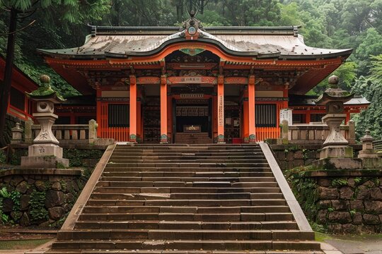 An ornate temple building stands near a stone staircase in nature - Powered by Adobe