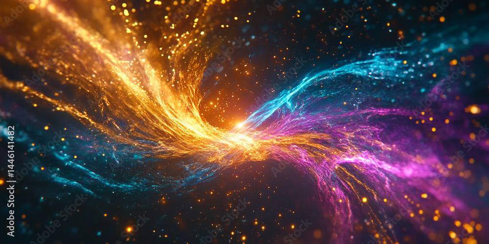 Poster abstract image of swirling, luminous orange and blue energy, creating a dynamic and vibrant visual e