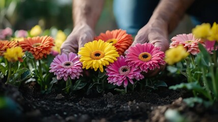 Gardener Planting Vibrant Gerbera Daisies