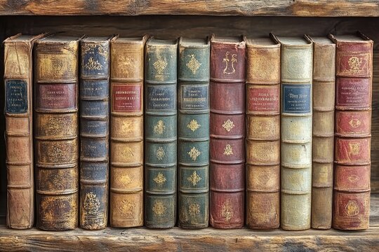 Antique leather bound books standing in a wooden bookshelf arrangement