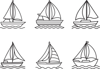 set of sailboat on sea line art, black outline, vector and illustration, coloring book page line art drawing