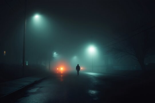 Mysterious hooded figure walking alone under street lights on a foggy road at night, creating a dramatic and suspenseful atmosphere