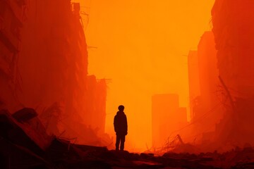 Silhouette of a child standing among debris and destroyed buildings under an orange apocalyptic sky
