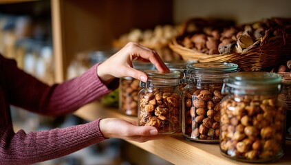Person puts nuts in glass jar in pantry with more food, for sustainable lifestyle