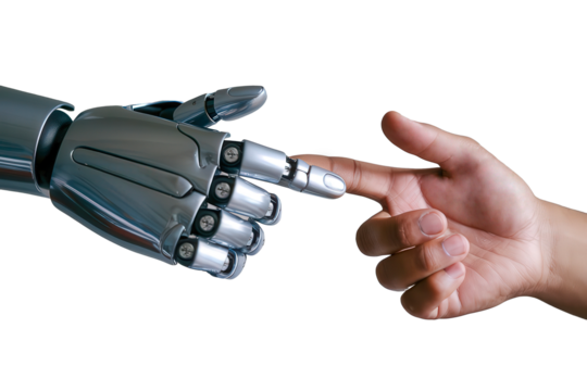 A robot hand touches a human finger against a stark black background on transparent background