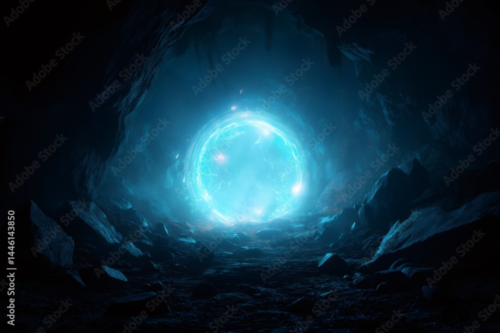 Poster pulsating blue energy portal glowing inside a dark cave, creating a mysterious and otherworldly atmo