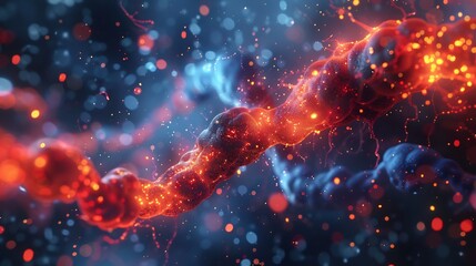 Abstract representation of neuroinflammation angry red glowing static interfering with clean blue neural signals