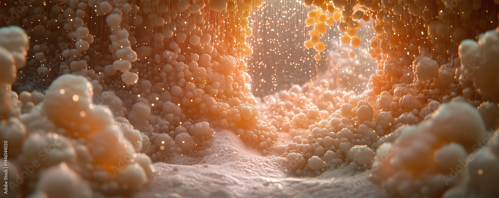 Poster intricate dreamlike cave structure resembling a microscopic landscape filled with clustered formatio