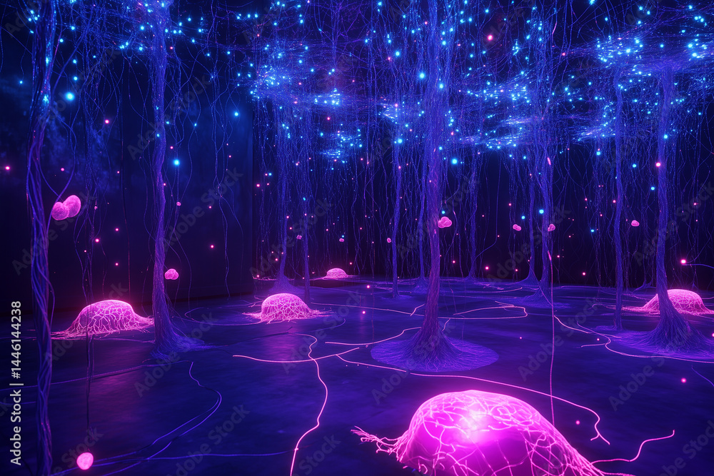 Poster floating theater showcases artistic installations on synaptic scaffolds amid luminous neural like st