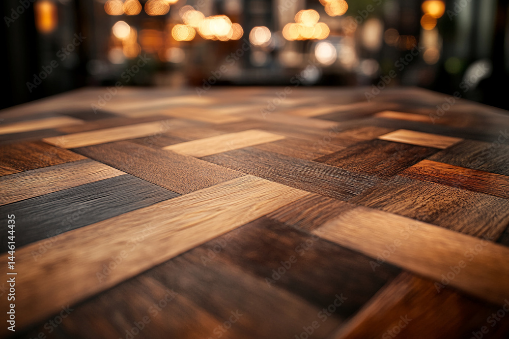 Poster close-up of a wooden surface with a parquet pattern, showing different shades of brown wood, creatin